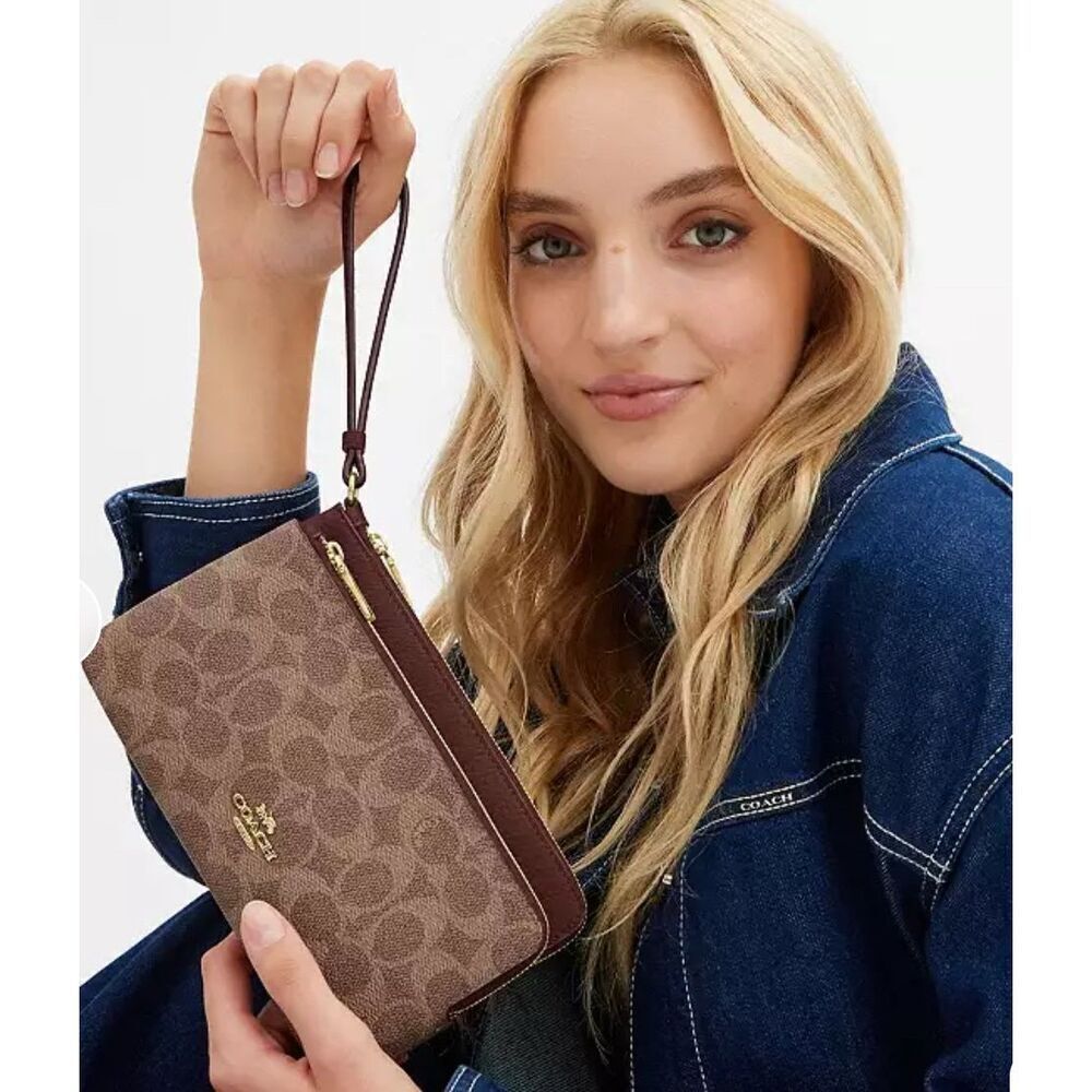 🔥🎁Double Zip Wallet In Signature Canvas Tan/Brown CX161 Msrp:$198.00